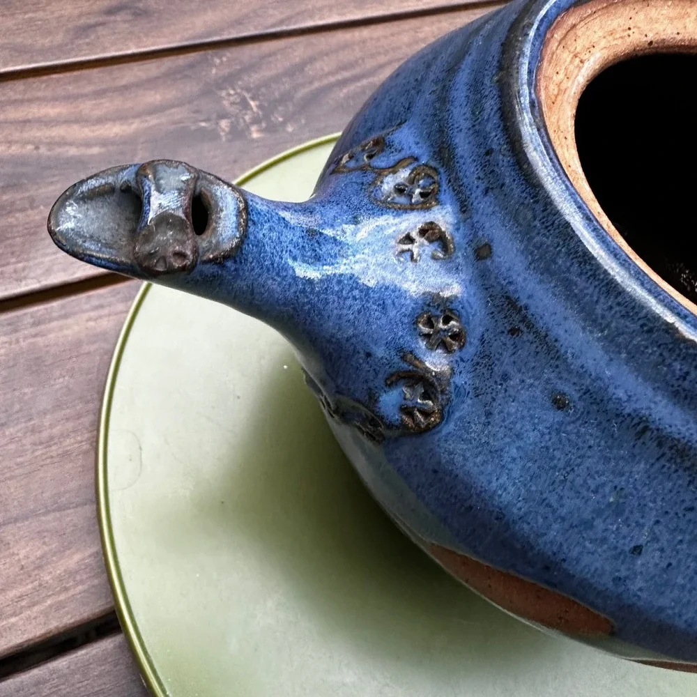 Handmade Ceramic Teapot Signed Studio Pottery‎ Mystery Signature Cobalt Blue